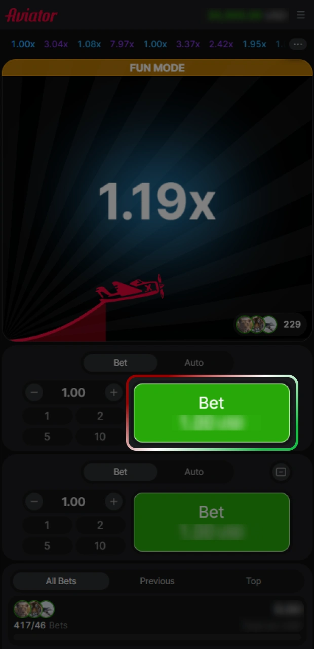 Set your stake amount and place your bet inside the mobile 888starz Aviator app.