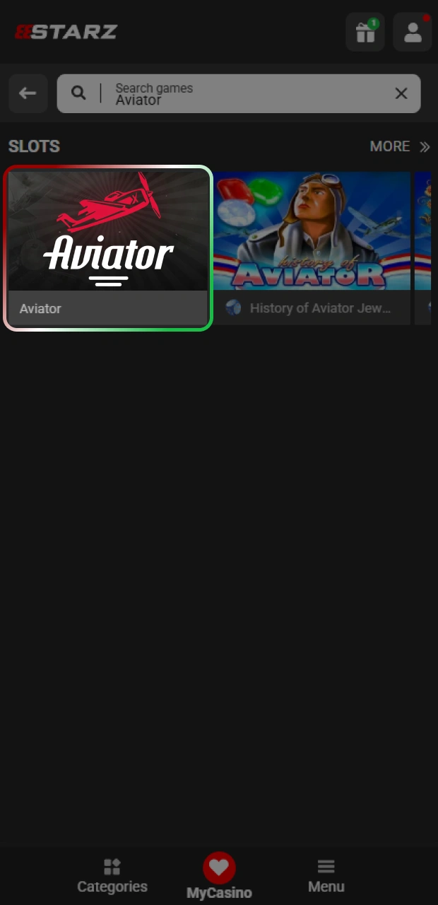 Open the casino section to find the popular Aviator crash game in the 888starz app.