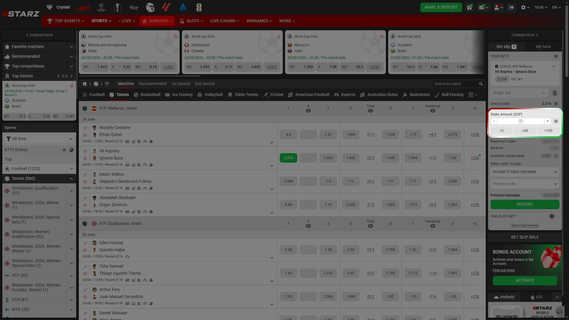 Specify the stake amount at 888starz before confirming your bet.