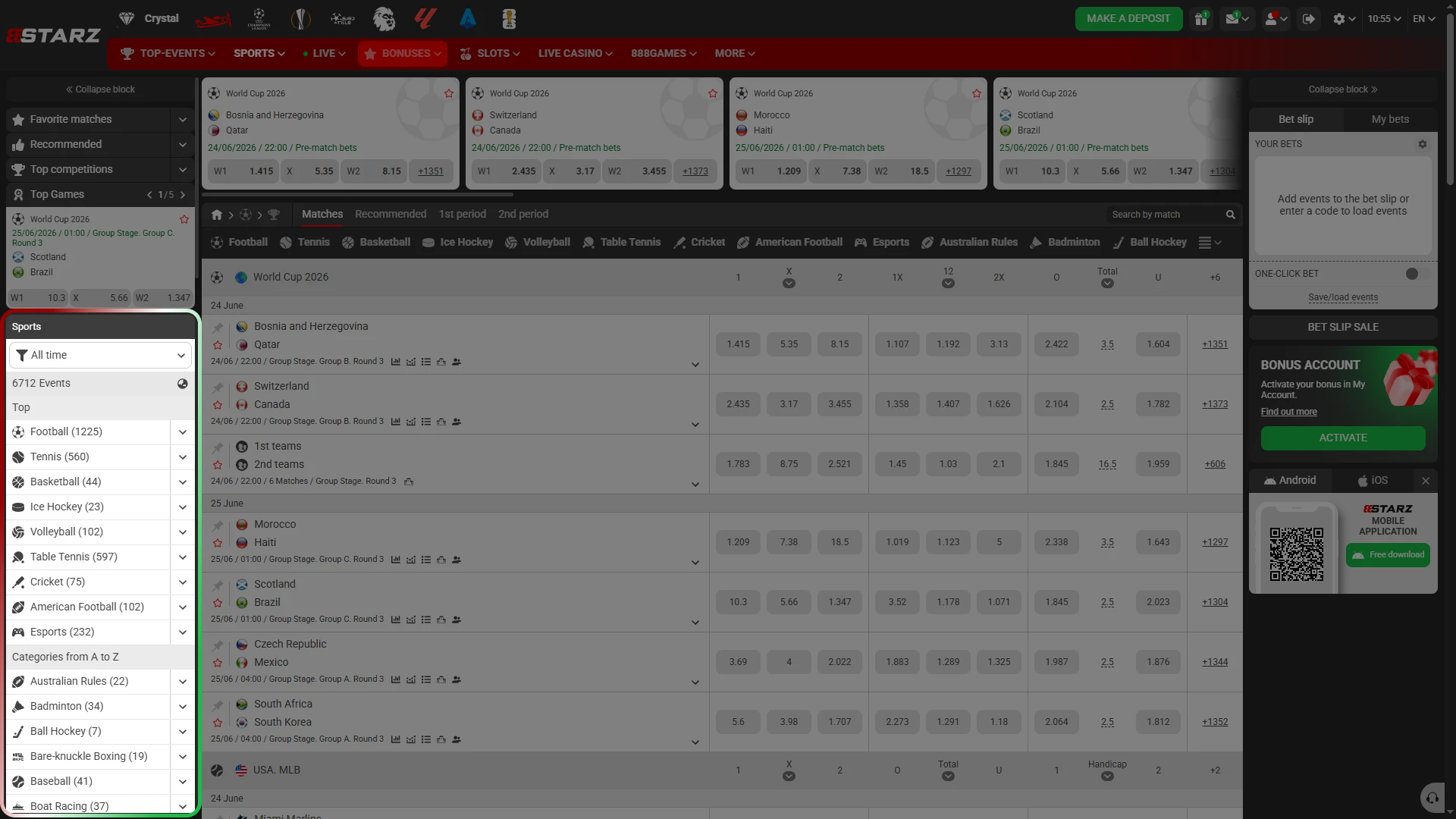 Open the sports section on 888starz to choose events for your bet.