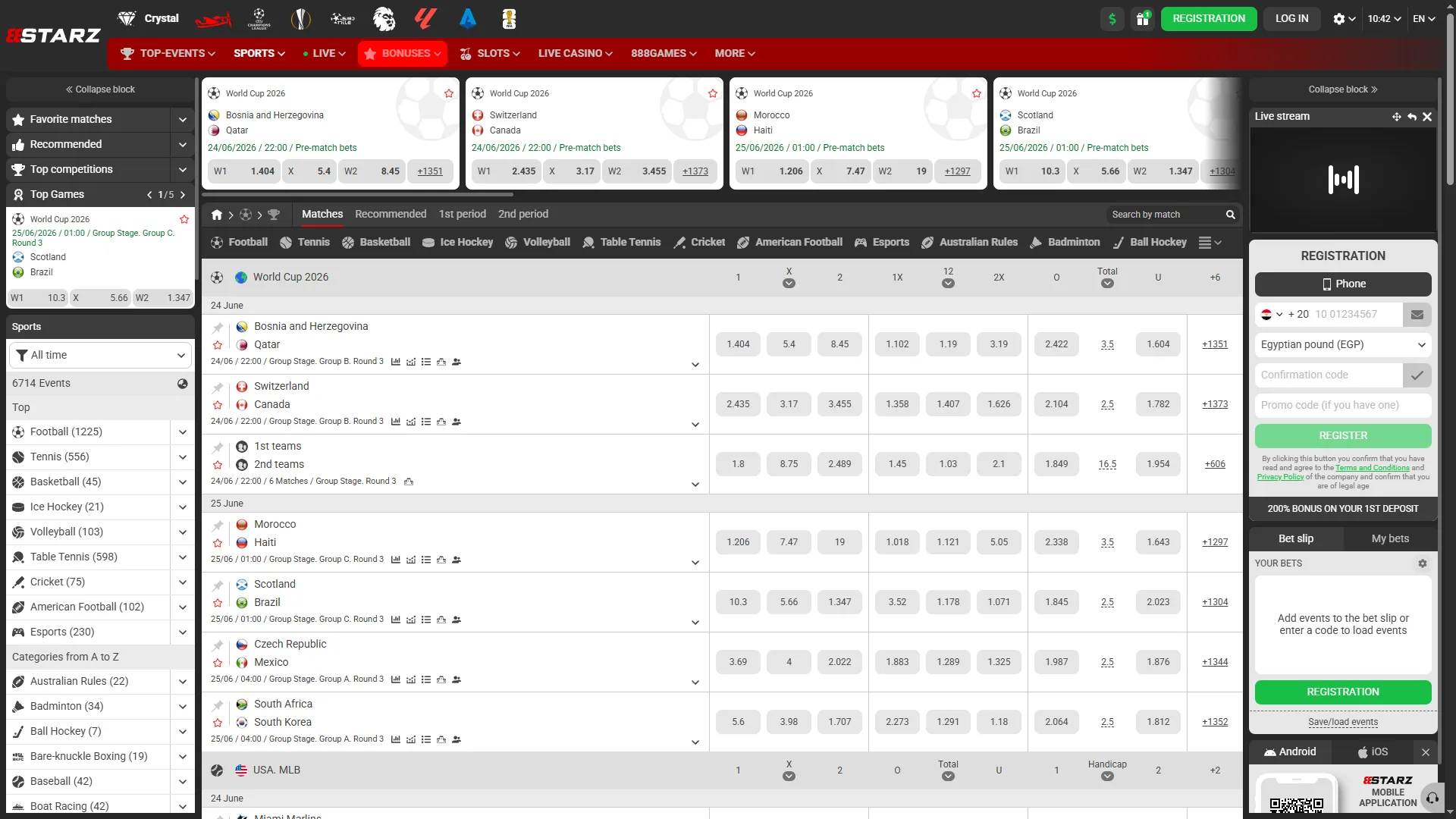 Check the extensive sportsbook section on 888starz to place your bets.