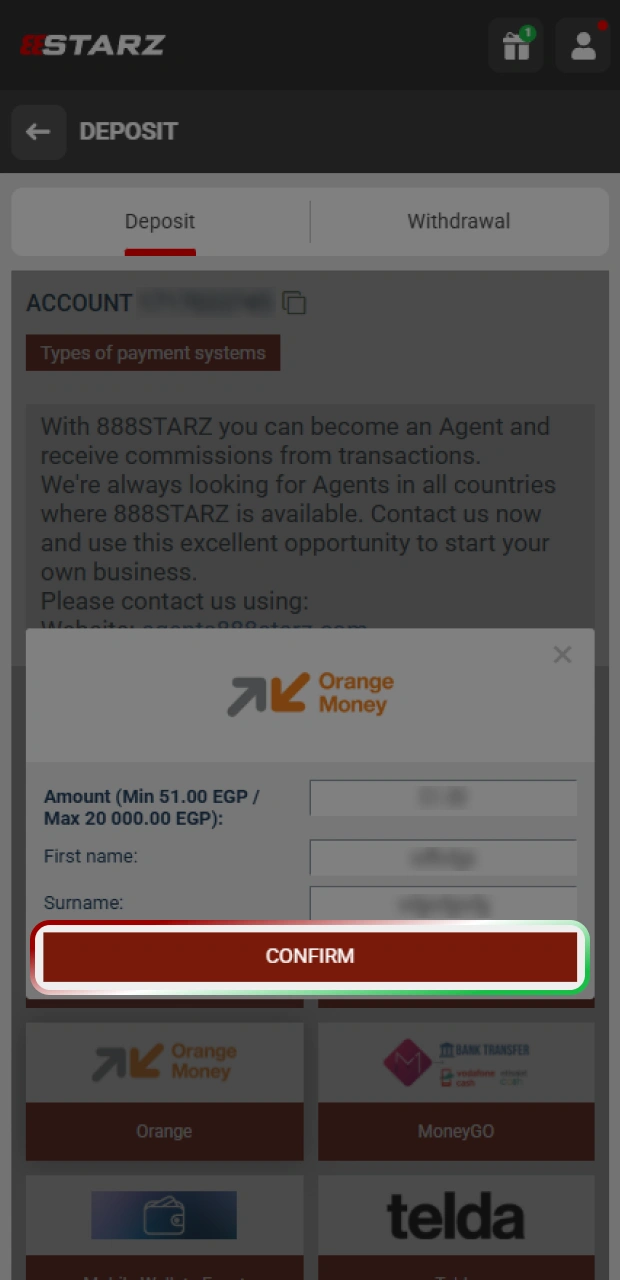 Complete the deposit transaction securely and start playing at 888starz.