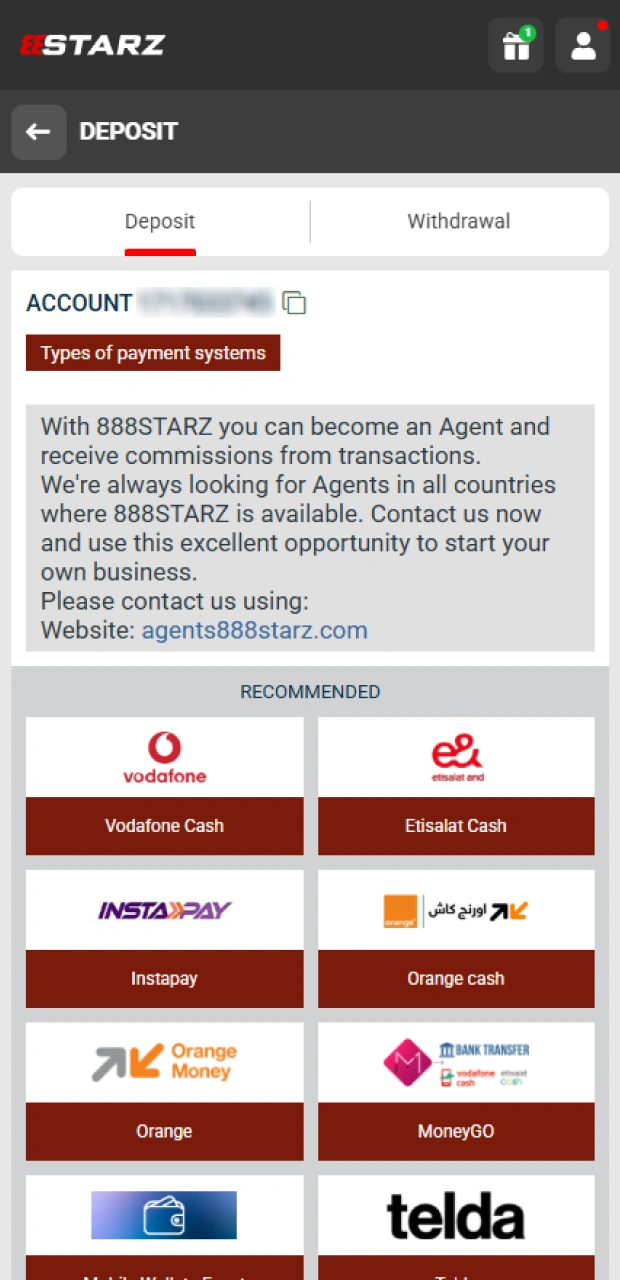 Select the payment deposit option to view all available funding methods at 888starz.