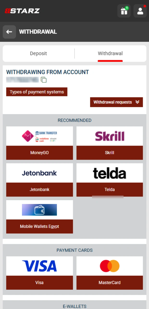 Select your preferred payment withdrawal method from the list of secure options at 888starz.