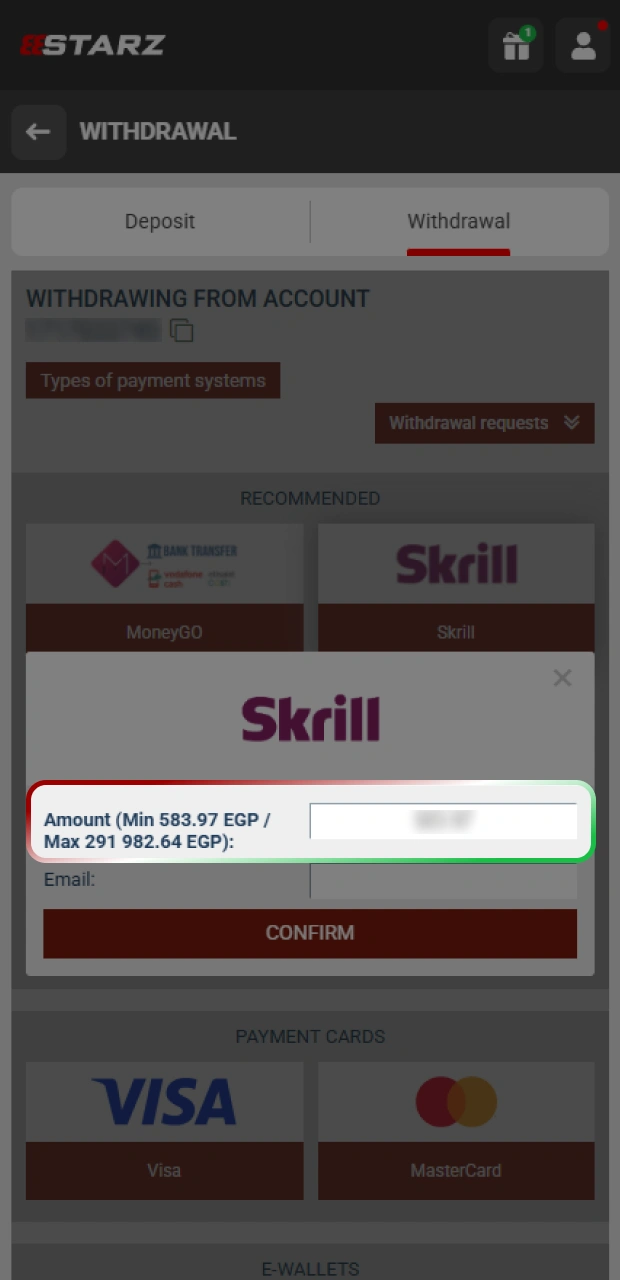 Specify the withdrawal amount you wish to cash out from your 888starz balance.