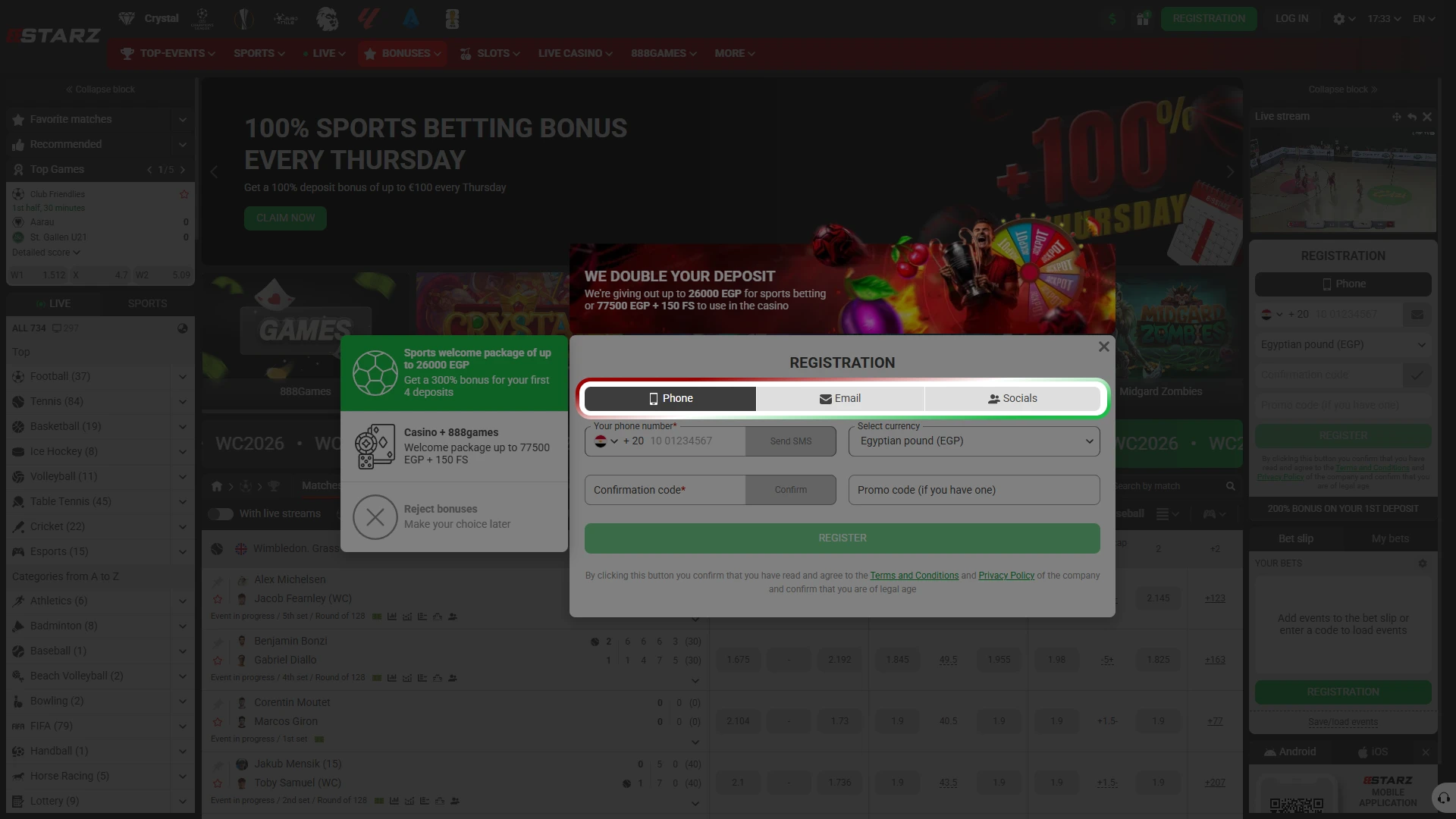 Choose your registration method and prepare to apply your 888starz promo code.
