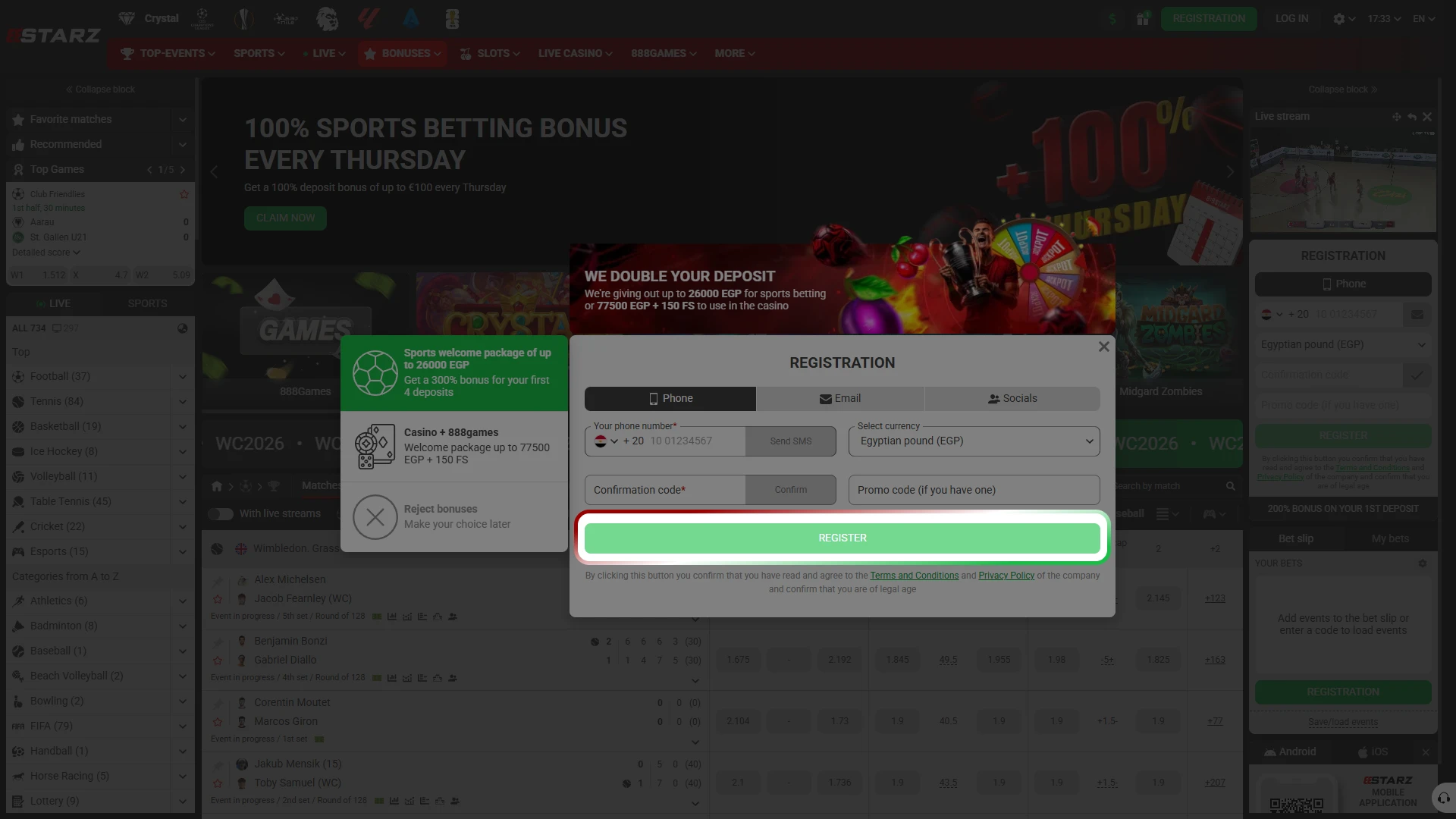 Complete registration on the official website to secure your 888starz promo code bonus.