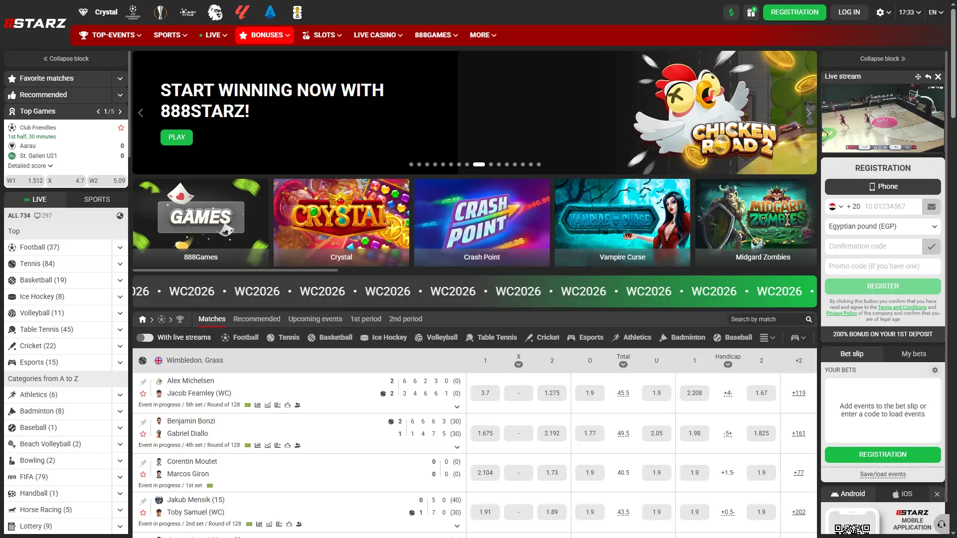 Open the registration form to start the promo code activation process at 888starz.
