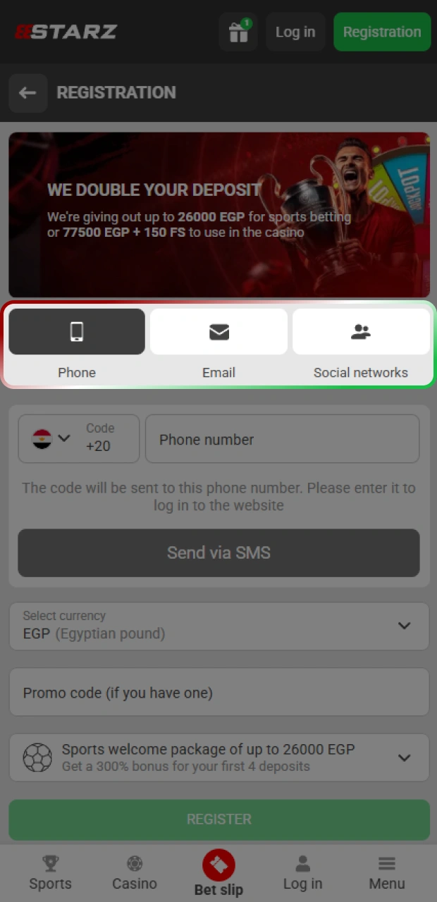 Select how you want to create your account during 888starz registration.