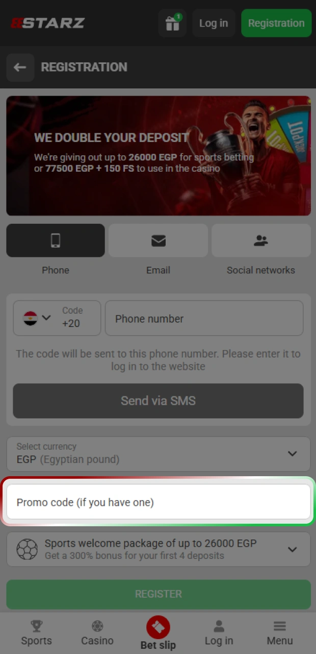 Type the bonus voucher while completing your mobile 888starz registration.