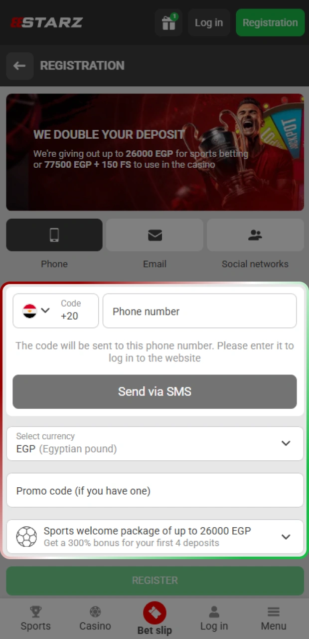 Fill in the form fields to complete your 888starz registration on Android or iOS.