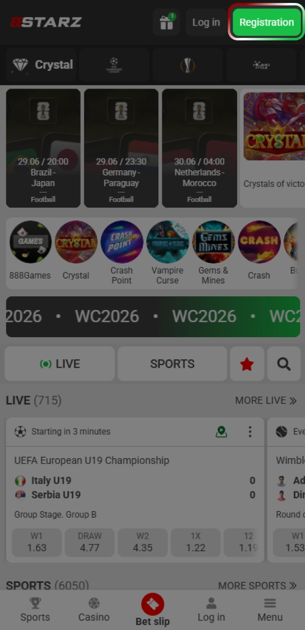 Launch the smartphone client to start your 888starz registration on mobile.