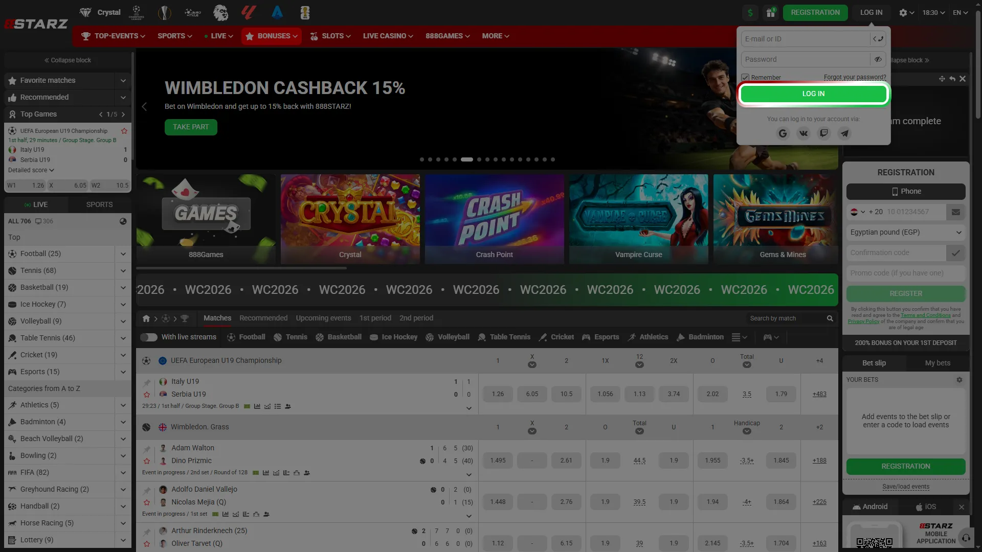 Start playing after a successful 888starz login.